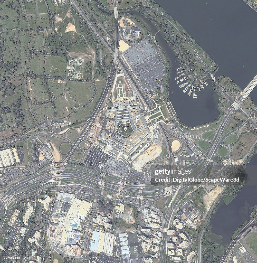 This is a DigitalGlobe Ikonis Satellite Image of The Pentagon collected just one day after American Airlines Flight 77 was purposely crashed into the western side of the building as a part of the 9/11 attacks.  (Photo DigitalGlobe via Getty Images)