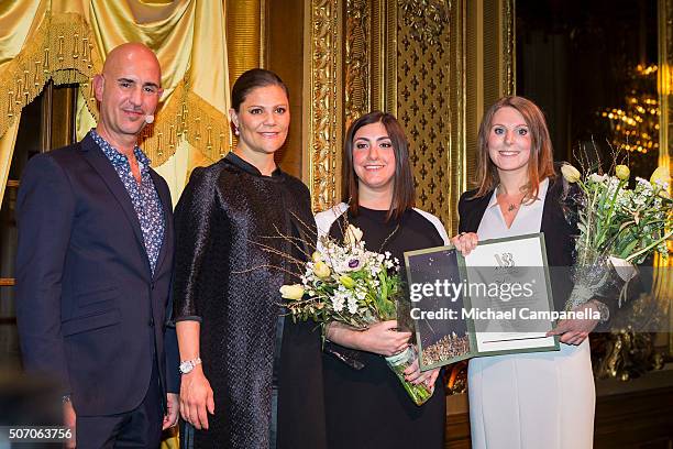 Crown Princess Victoria of Sweden and Micael Bindefeld with winners Adina Krantz and Nadine Gerson during the presentation of Scholarships From...