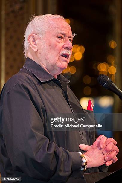 Jan Malmsjoe speaks at the presentation of Scholarships From Micael Bindefeld Foundation in Memory Of The Holocaust at the Royal Opera House on...