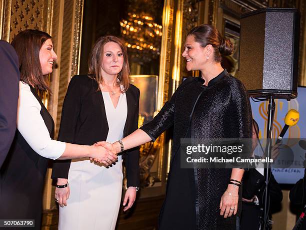 Crown Princess Victoria of Sweden with winners Adina Krantz and Nadine Gerson during the presentation of Scholarships From Micael Bindefeld...