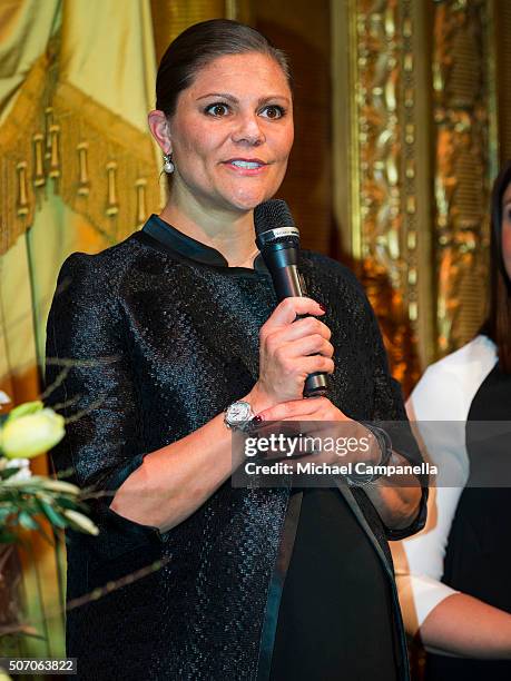 Crown Princess Victoria of Sweden attends the presentation of Scholarships From Micael Bindefeld Foundation in Memory Of The Holocaust at the Royal...