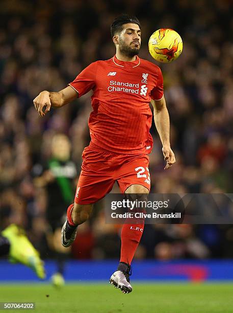 Emre Can of Liverpool in action during the Capital One Cup Semi Final Second Leg match between Liverpool and Stoke City at Anfield on January 26,...