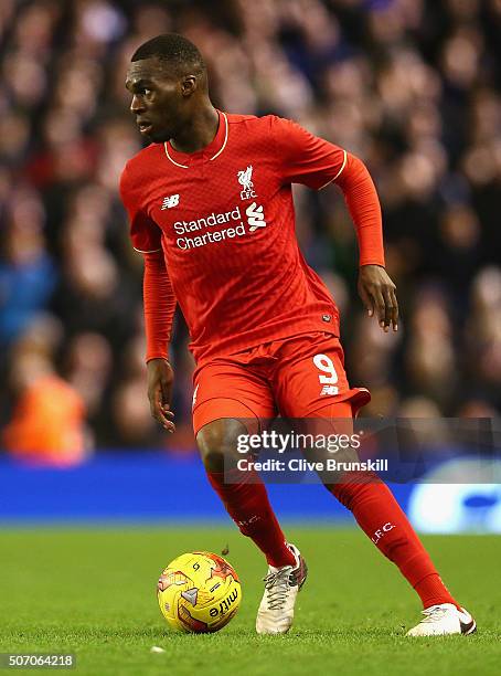 Christian Benteke of Liverpool in action during the Capital One Cup Semi Final Second Leg match between Liverpool and Stoke City at Anfield on...