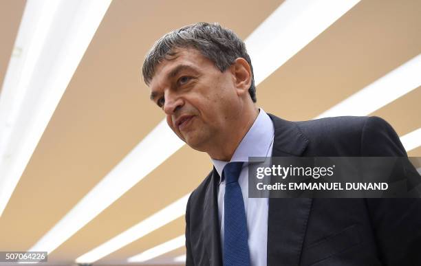 Presidential candidate Jerome Champagne arrives for a press conference at the European Parliament in Brussels, on January 27, 2016. The five...