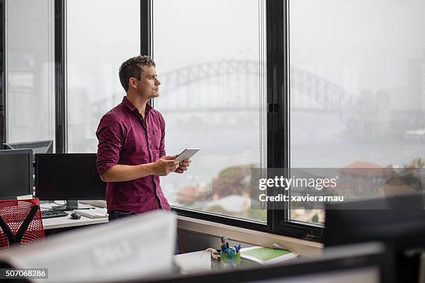 businessman using tablet computer in office - australian business men stockfoto's en -beelden