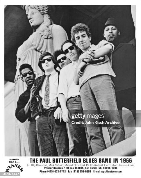 Publicity still portrait of American blues musician Paul Butterfield and his band including Elvin Bishop and Michael Bloomfield, 1966.