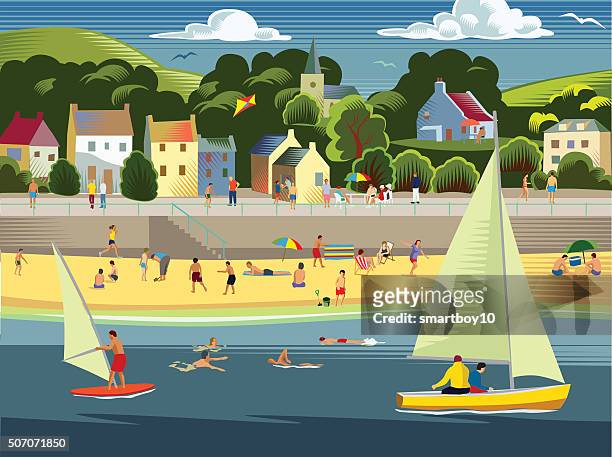seaside town with beach - promenade stock illustrations