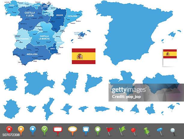 stockillustraties, clipart, cartoons en iconen met map of spain - states, cities and navigation icons - malaga