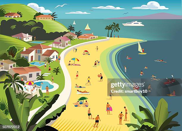 stockillustraties, clipart, cartoons en iconen met tropical beach holiday with water sports - villa