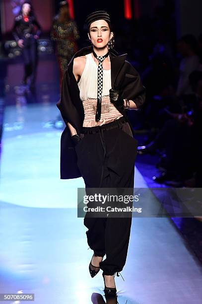 Model walks the runway at the Jean Paul Gaultier Spring Summer 2016 fashion show during Paris Haute Couture Fashion Week on January 27, 2016 in...