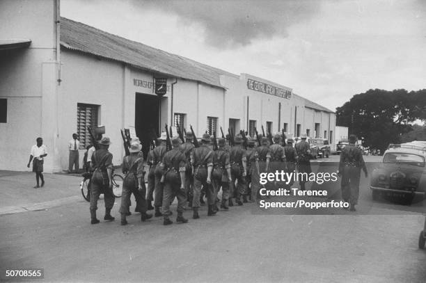 Members of royal Rhodesian regiment on way to Kariba Dam project to guard installation during strike by African workers.