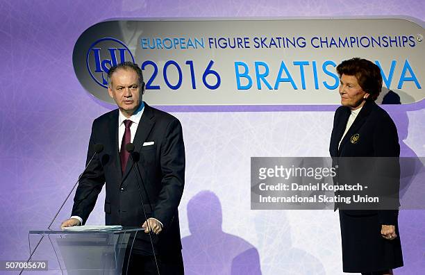 President of Slovakia Andrej Kiska speaks during the opening ceremony during day one of the ISU European Figure Skating Championships 2016 on January...
