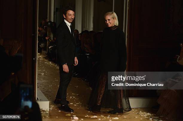 Maria Grazia Chiuri and Pier Paolo Piccioli pose on the runway during the Valentino Haute Couture Spring Summer 2016 show as part of Paris Fashion...