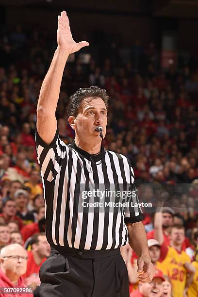 Referee Gene Steratore calls a foul during a college basketball game between the Maryland Terrapins and the Northwestern Wildcats at the Xfinity...