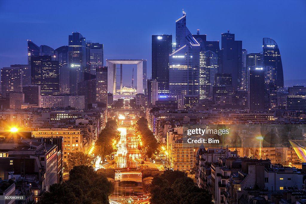 Paris City View with La Defense Financial District at Dusk