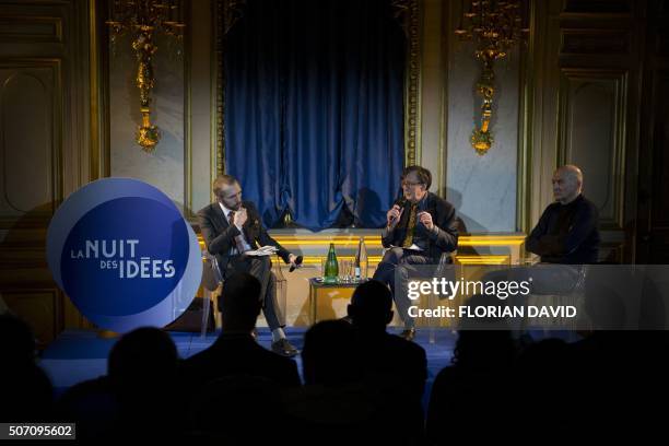 French philosopher Mathieu Potte-Bonneville , French sociologist Bruno Latour and Dutch architect Rem Koolhaas take part in a debate on January 27,...