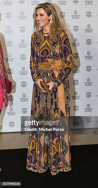 Queen Maxima of The Netherlands, wearing an Etro jumpsuit, attends the opening of the Rotterdam International Film Festival on January 27, 2016 in...