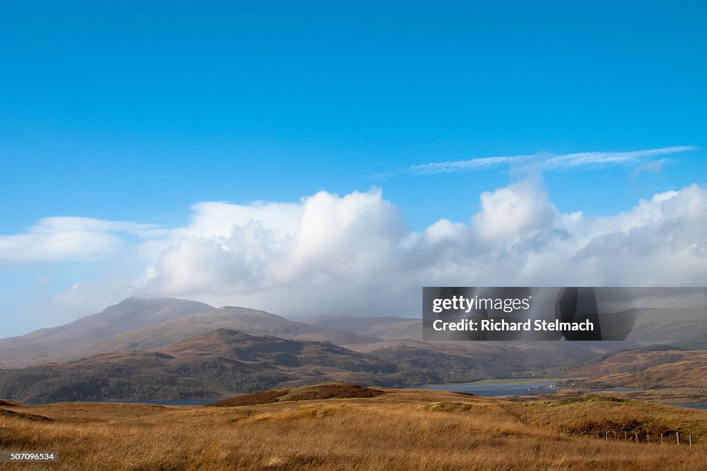 Blue sky over autumn landscape, Loch Spelve, Isle of Mull