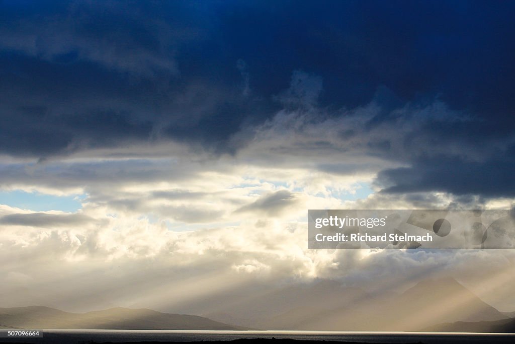 Dramatic clouds and sunshine over Skye, taken from Applecross, Wester Ross