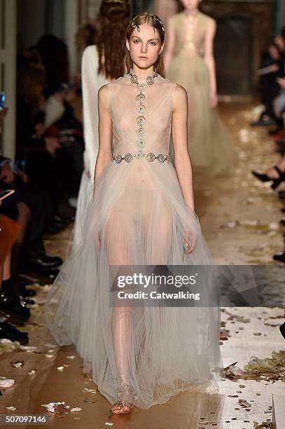 Model walks the runway at the Valentino Spring Summer 2016 fashion show during Paris Haute Couture Fashion Week on January 27, 2016 in Paris, France.