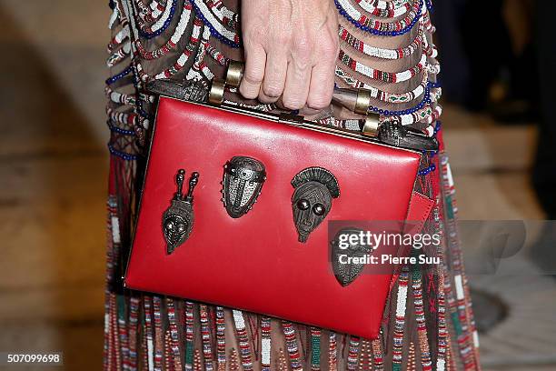 Adriana Abascal, handbag detail, arrives at the Valentino fashion show during Paris Fashion Week Haute Couture Spring/Summer 2016 on January 27, 2016...