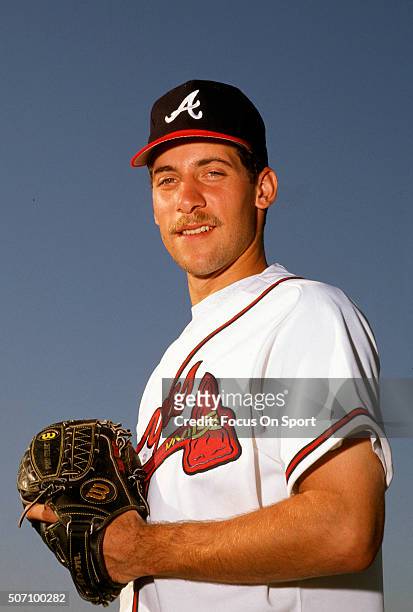 John Smoltz of the Atlanta Braves poses for this portrait during Major League Baseball spring training circa 1992 at Municipal Stadium in West Palm...