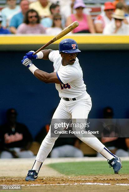 Julio Franco of the Texas Rangers bats during a Major League Baseball spring training game circa 1990 at Charlotte Sports Park in Port Charlotte,...