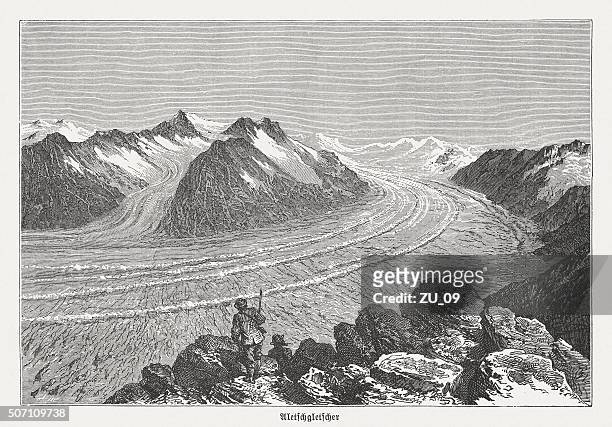 aletsch glacier (switzerland) before over 100 years, published in 1882 - aletsch glacier stock illustrations
