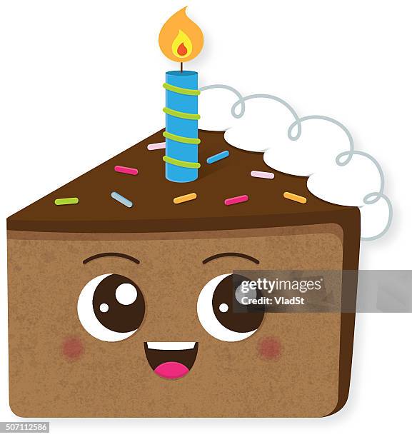 chocolate birthday cake slice character with candle - birthday candles stock illustrations