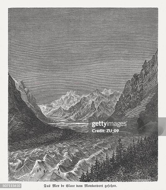 mer de glace, largest glacier of france, published in 1882 - montenvers stock illustrations