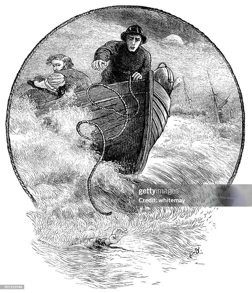 Sailor rescuing a drowning person from a shipwreck