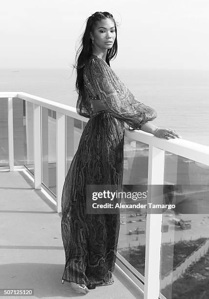 Chanel Iman is seen during the press conference to announce the 2016 SI Swimsuit launch week festivities at 1 Hotel & Homes South Beach on January...