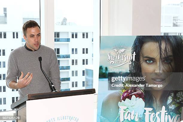 Kane Sarhan is seen during the press conference to announce the 2016 SI Swimsuit launch week festivities at 1 Hotel & Homes South Beach on January...