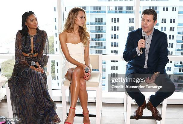 Chanel Iman, Hannah Ferguson and Brendan RIpp are seen during the press conference to announce the 2016 SI Swimsuit launch week festivities at 1...