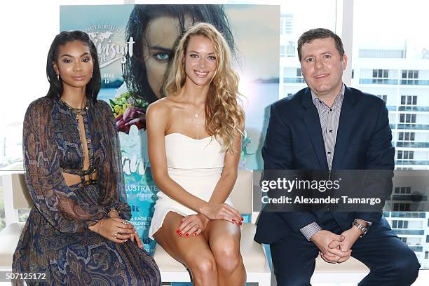 Chanel Iman, Hannah Ferguson and Brendan RIpp are seen during the press conference to announce the 2016 SI Swimsuit launch week festivities at 1...