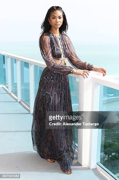 Chanel Iman is seen during the press conference to announce the 2016 SI Swimsuit launch week festivities at 1 Hotel & Homes South Beach on January...