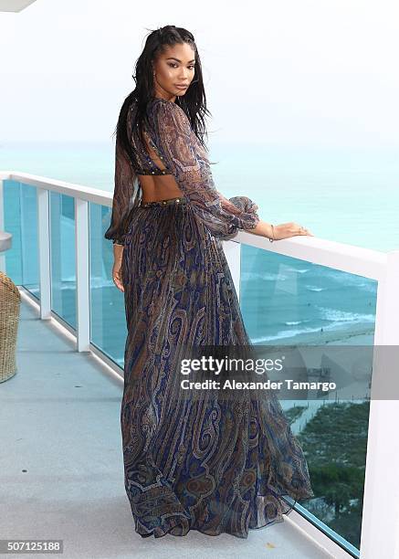 Chanel Iman is seen during the press conference to announce the 2016 SI Swimsuit launch week festivities at 1 Hotel & Homes South Beach on January...