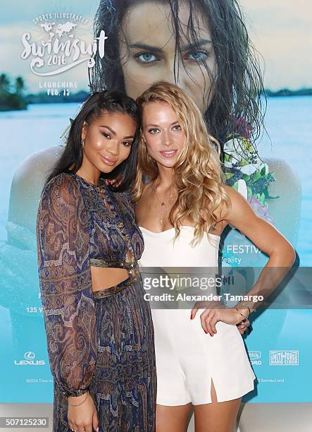 Chanel Iman and Hannah Ferguson are seen during the press conference to announce the 2016 SI Swimsuit launch week festivities at 1 Hotel & Homes...