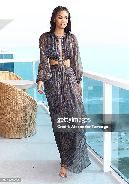 Chanel Iman is seen during the press conference to announce the 2016 SI Swimsuit launch week festivities at 1 Hotel & Homes South Beach on January...