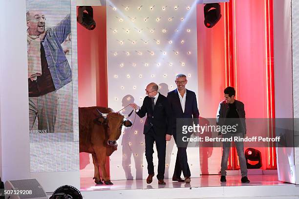 Actors Fatsah Bouyahmed, Lambert Wilson, Jamel Debbouze and a cow present the Movie 'La Vache' during the 'Vivement Dimanche' French TV Show at...