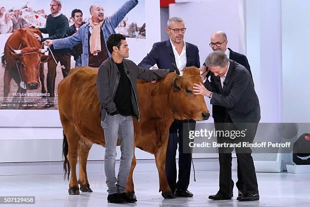 Actors Jamel Debbouze, Lambert Wilson, Fatsah Bouyahmed, Presenter of the show Michel Drucker and a cow present the Movie 'La Vache' during the...