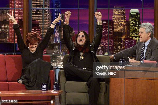 Episode 2258 -- Pictured: TV host Sharon Osbourne and Singer Ozzy Osbourne during an interview with host Jay Leno on May 2, 2002 --