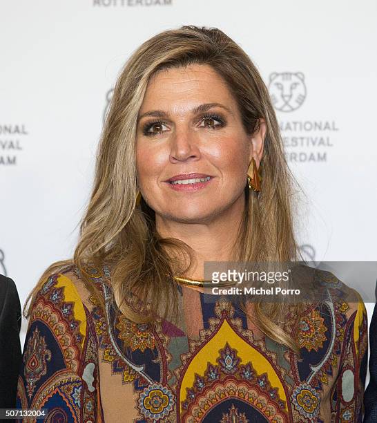 Queen Maxima of The Netherlands wearing an Etro jumpsuit attends the opening of the Rotterdam International Film Festival on January 27, 2016 in...
