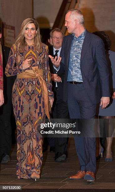 Queen Maxima of The Netherlands wearing an Etro jumpsuit and Bero Beyer attend the opening of the Rotterdam International Film Festival on January...