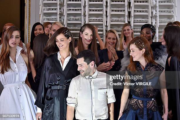 Carmen Kass, Fashion designer Alexis Mabille and Audrey Marnay walks the runway during the Alexis Mabille Spring Summer 2016 show as part of Paris...