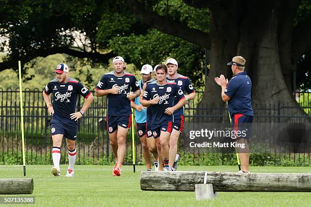 Roosters coach Trent Robinson watches his players during a Sydney Roosters training session on January 28, 2016 in Sydney, Australia.