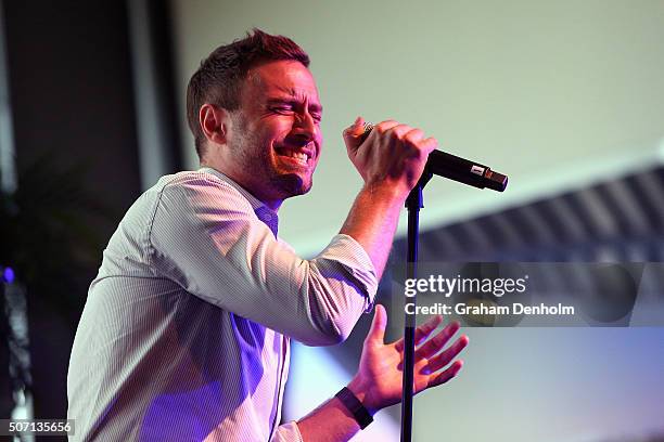 Eurovision Song Contest 2015 winner Mns Zelmerlw performs during day 11 of the 2016 Australian Open at Melbourne Park on January 28, 2016 in...