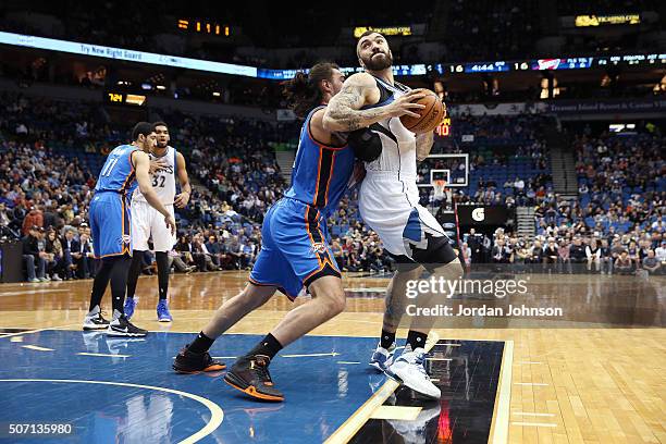 Nikola Pekovic of the Minnesota Timberwolves handles the ball during the game against the Oklahoma City Thunder on January 27, 2016 at Target Center...