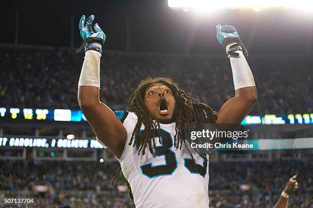 Playoffs: Closeup of Carolina Panthers Tre Boston victorious on field after winning game vs Arizona Cardinals at Bank of America Stadium. Charlotte,...