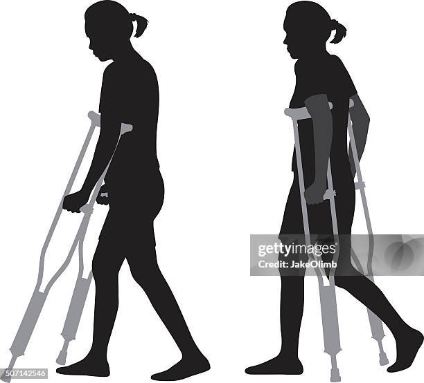 stockillustraties, clipart, cartoons en iconen met woman walking on crutches silhouettes - crutches